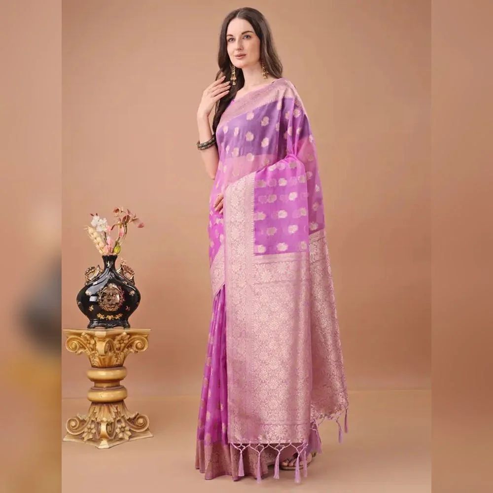 Ladies Silk Pink Printed Organza Saree