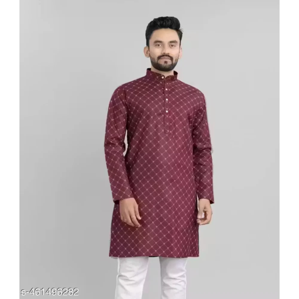 Men Dark Maroon Cotton Blend Printed Kurta