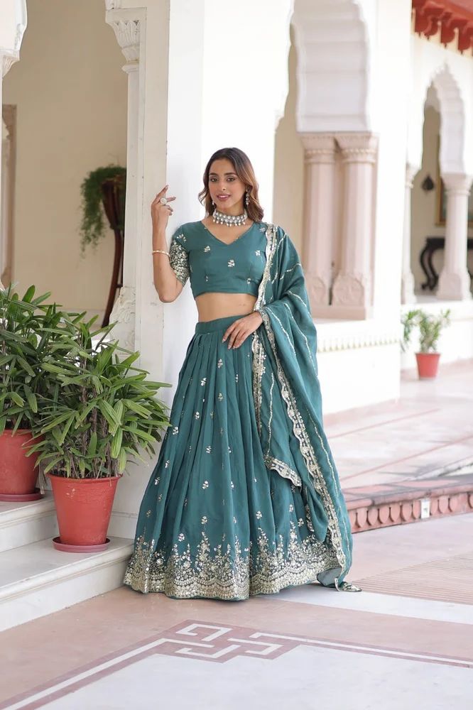 TRENDY CULTURE'S Designer Vichitra Silk Lehenga Choli with Sequins & Zari Multi Embroidery