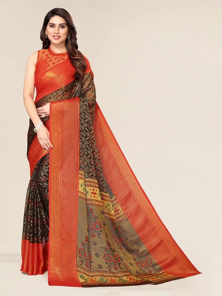 Red Toned Ethnic Motifs Bhagalpuri Brasso Saree