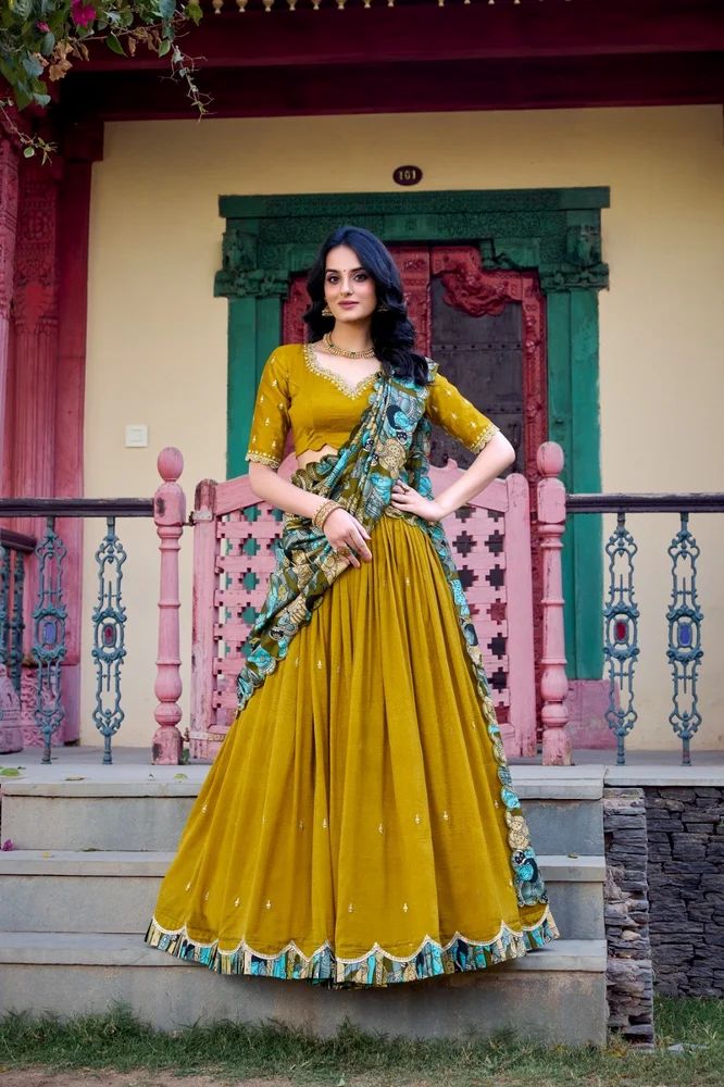 TRENDY CULTURE'S Designer Vichitra Silk Lehenga Choli with Sequins, Thread Work & Kalamkari Print