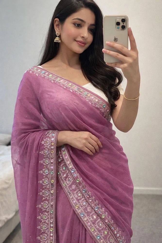 georgette saree with embroidery and mirror work