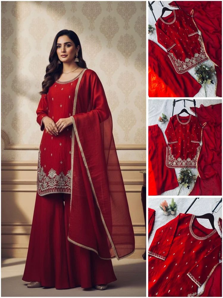 embroidery work kurti with plazzo and dupatta
