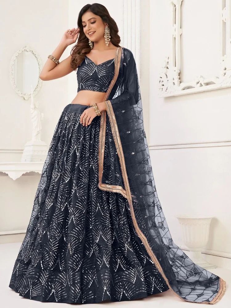 Sequence Embroidered Work Butterfly Net Black Lehenga Choli