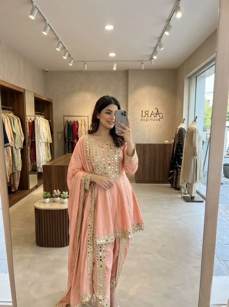 MIRROR EMBROIDERY WORK kurti with dhoti and dupatta