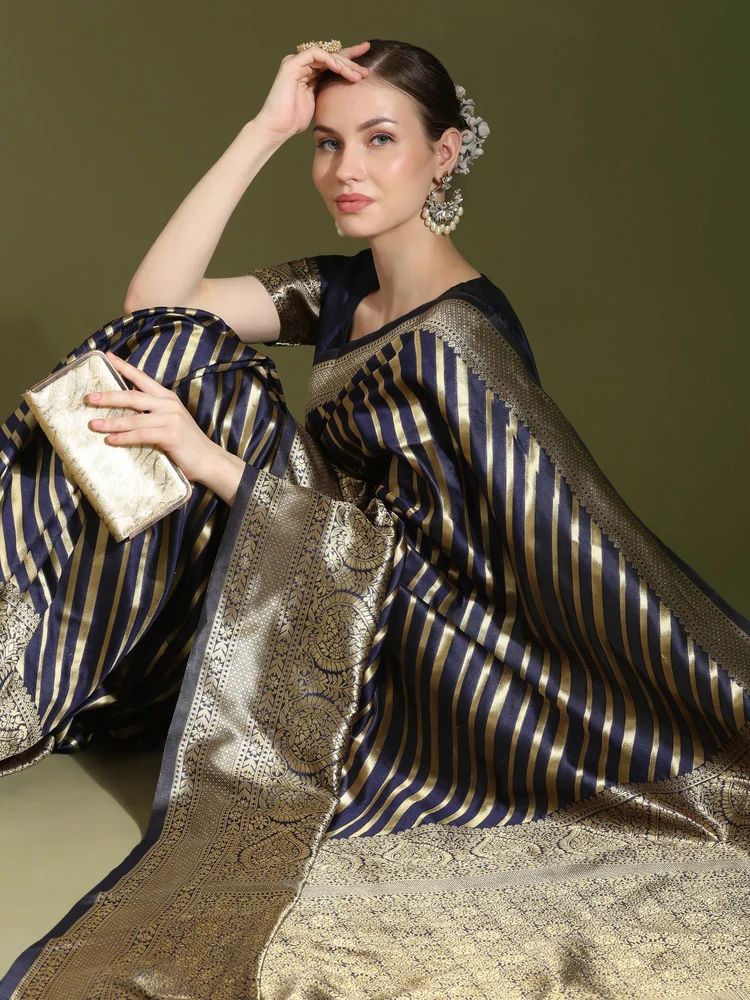 Ladies Striped Printed Black Art Silk Saree