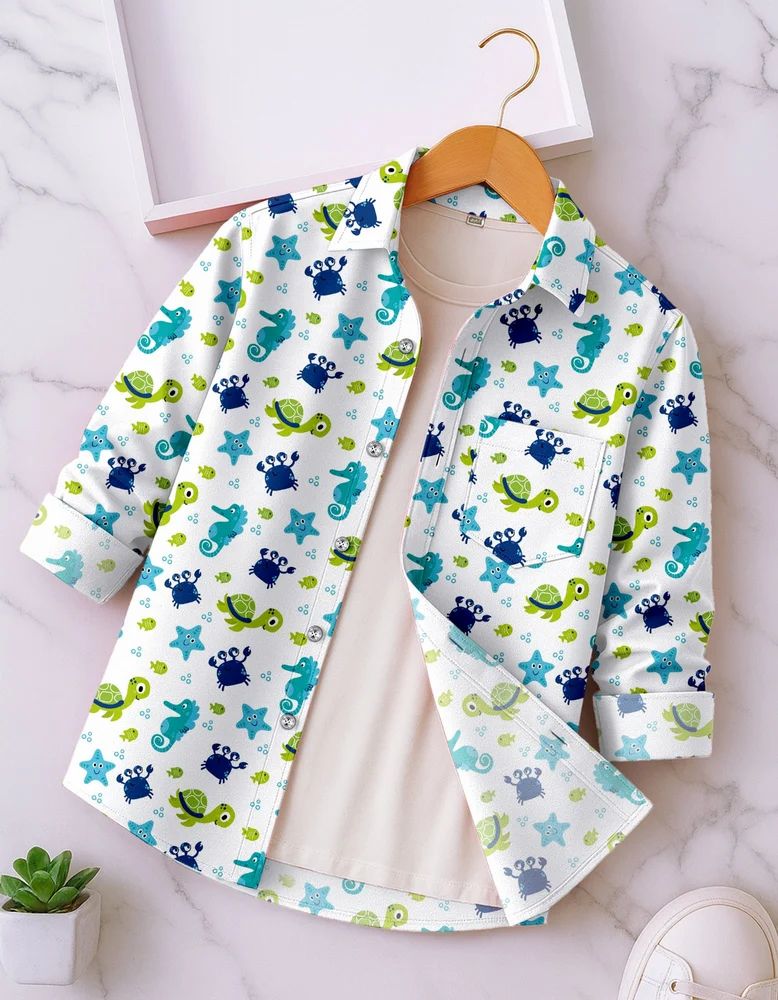 Bright White Boys Rayon Sea Creature Print Shirt