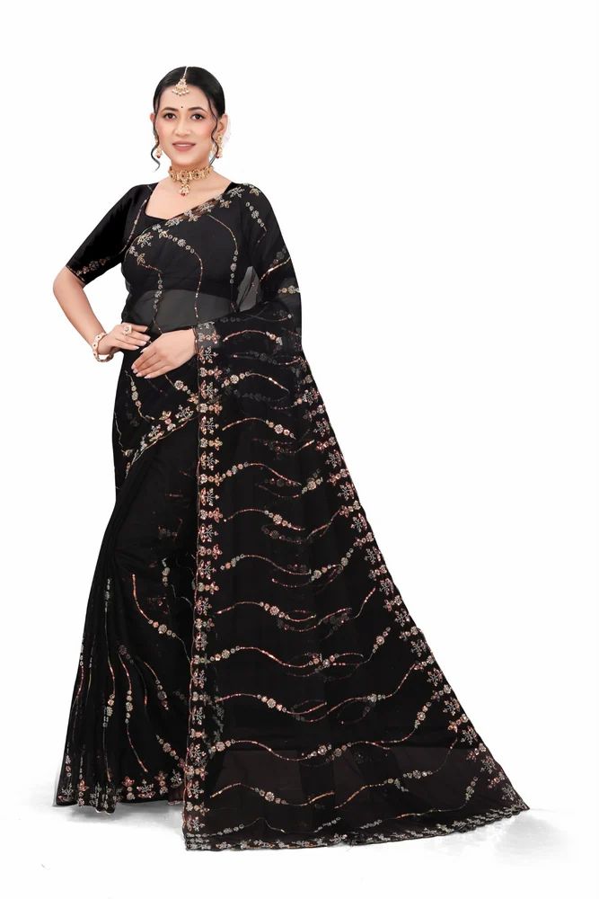Women's Light black Soft Net Saree with Beads Work