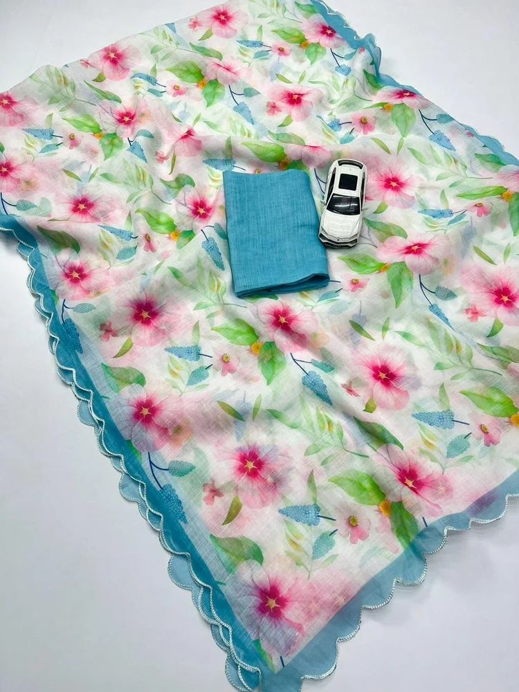 Printed Digital Print Linen Sarees, With blouse piece