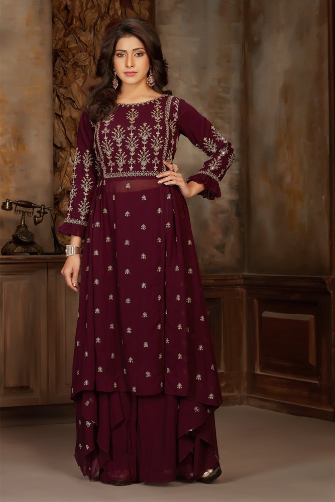 Ladies Brown Embroidered Palazzo Suit
