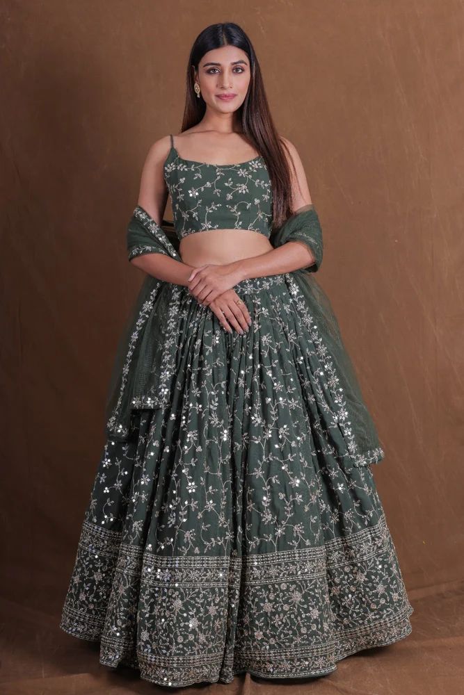 TRENDY CULTURE - Designer Green Georgette Zari Sequence Embroidery Lehenga (Manufacturer Price)