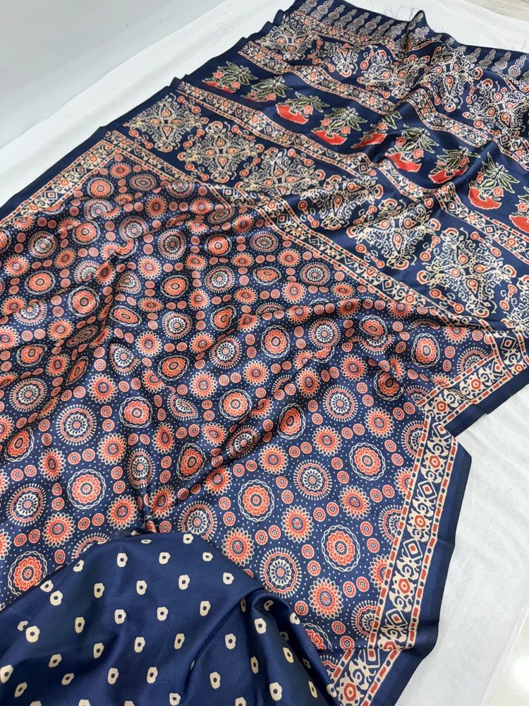 Designer multicolour Color Ajrak Printed tussar silk Saree