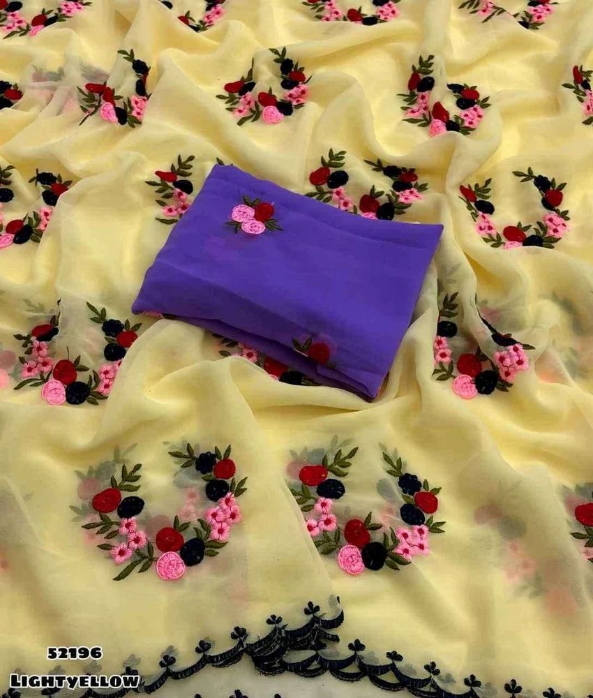 GEORGETTE EMBROIDERY WORK BUTTA WITH SCALLOPED BORDER SAREE AT WHOLESALE PRICE