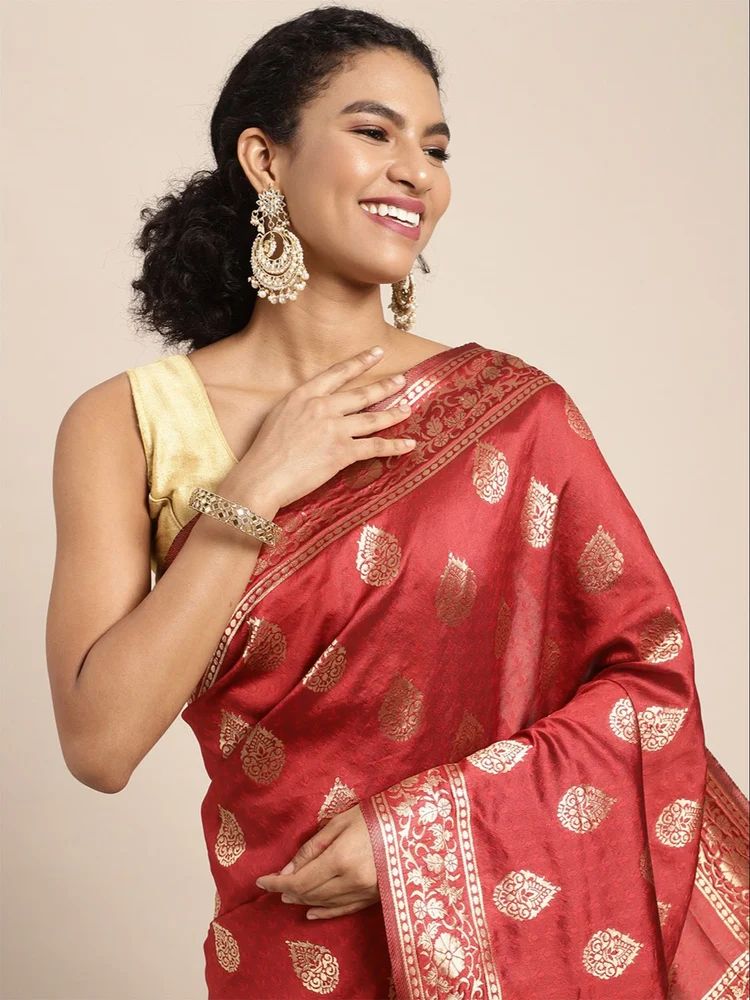 Red Silk Blend Jacquard Golden Zari Woven Floral Pattern Motifs Traditional