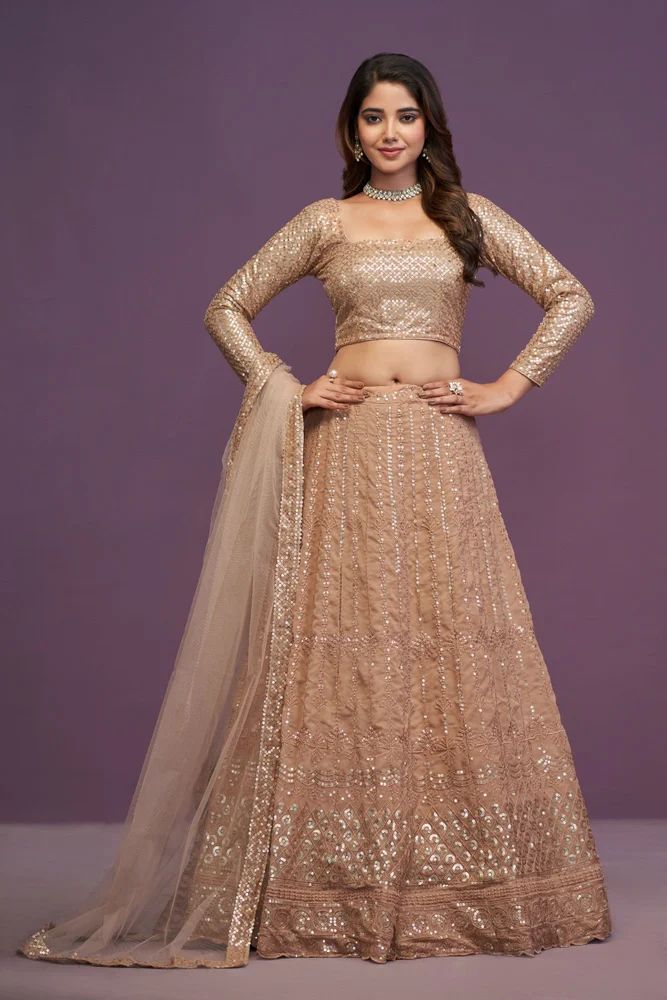 Brown Silk  Zari Sequence Embroidery Work Lehenga Choli Set