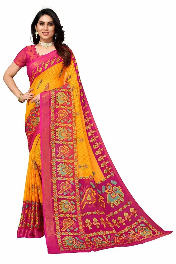 Gold Toned Printed Soft Chiffon Brasso Saree