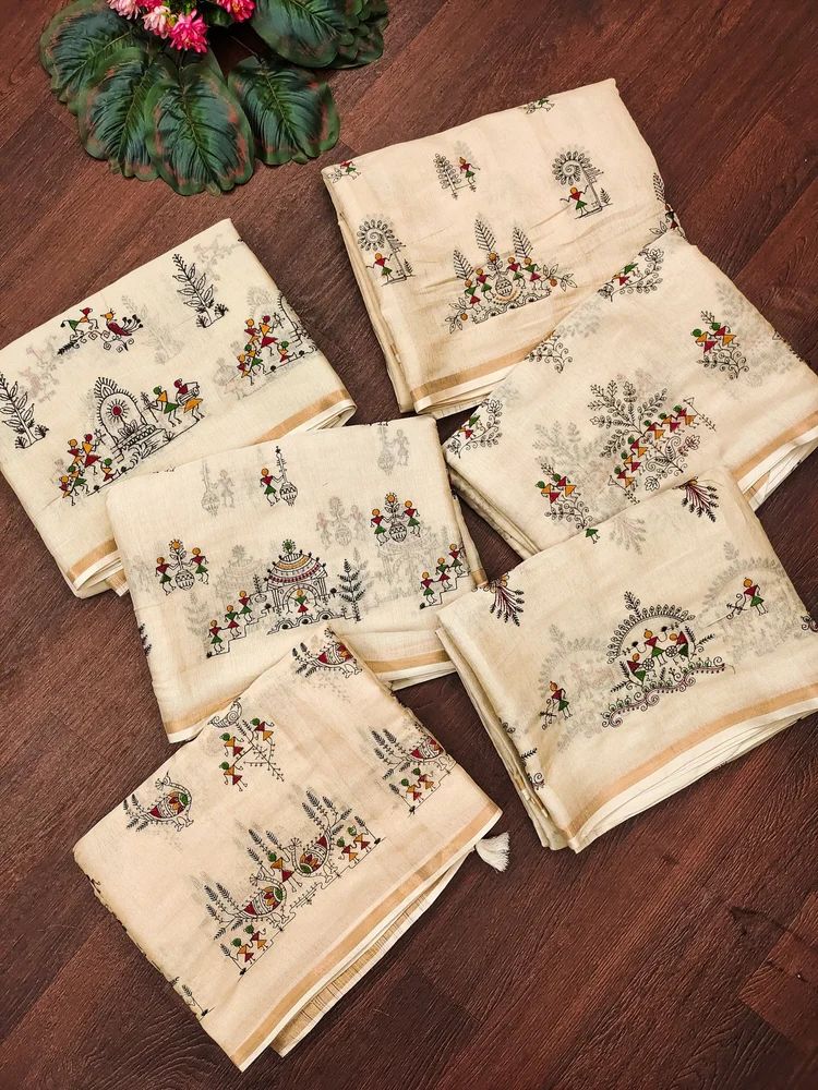 PREMIUM TUSSAR SILK SAREE WITH THREAD WORK AND SHINY ZARI WEAVING BORDER
