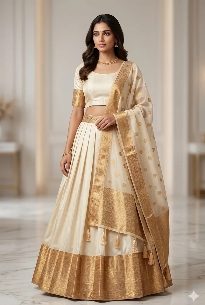 Cream Gold Zari Weaving Jacquard Lehenga Choli With Dupatta