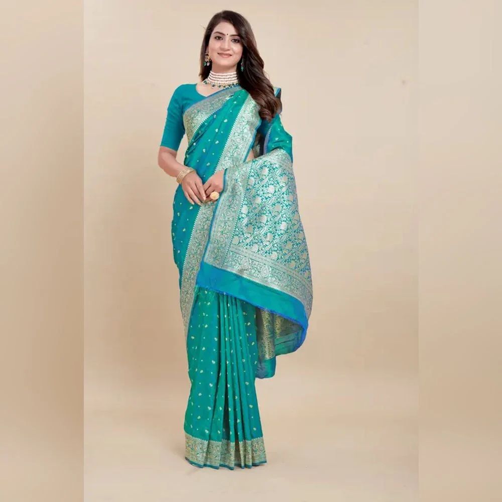 Ladies Silk Light Blue Printed Banarasi Saree
