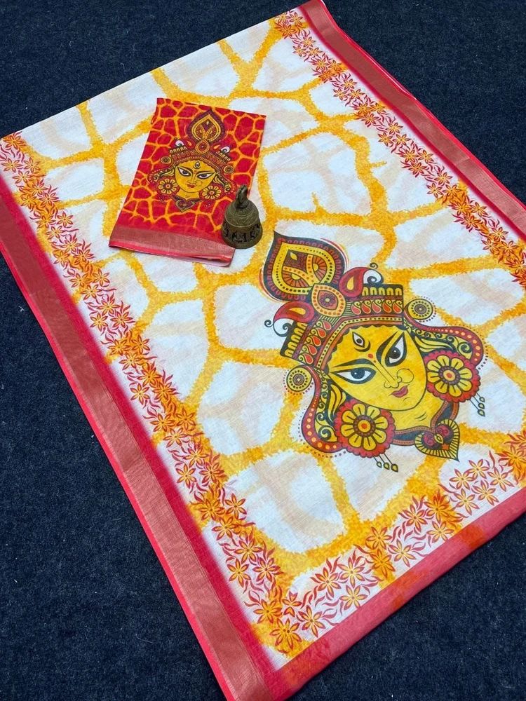 White Digital Print Linen Saree