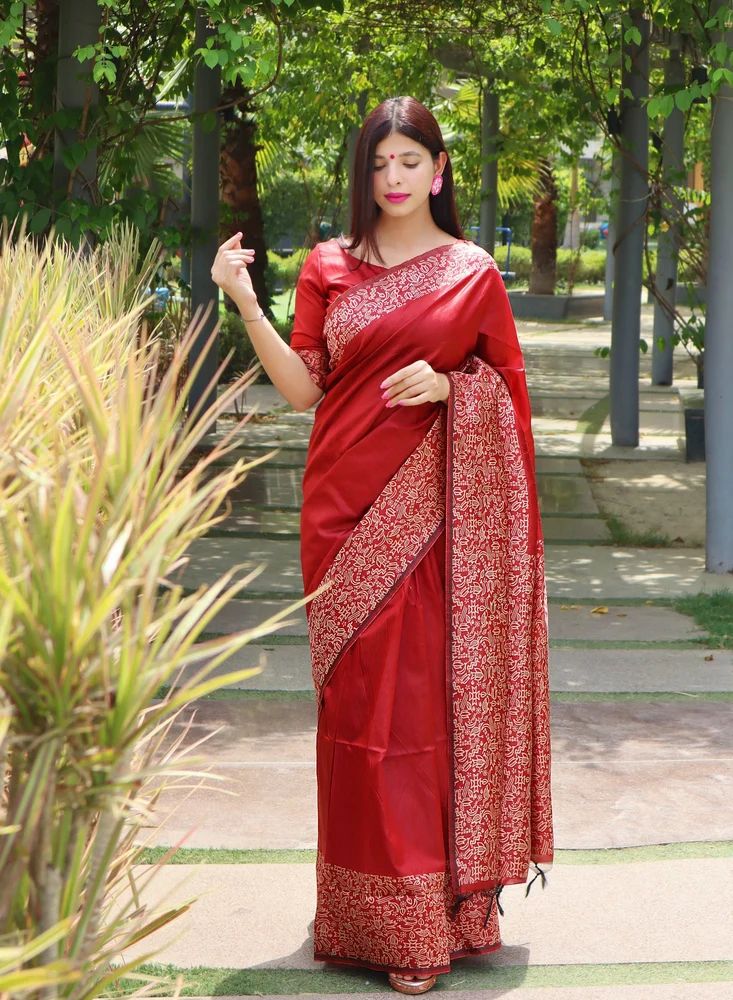 Red Kalamkari Handloom Weaving Silk Saree