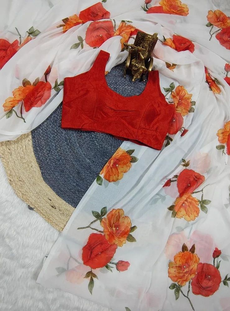 White Digital Print Georgette Saree