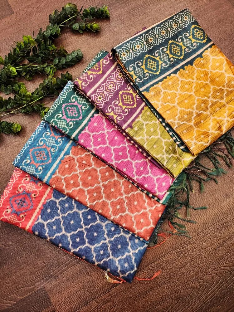 Soft Tussar silk saree with  patola print pallu and fancy tasseles