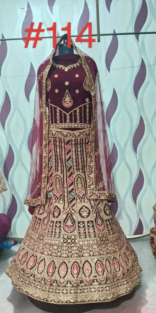 Kalidar Maroon Velvet Zardozi Bridal Lehenga