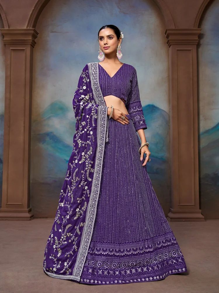 Purple Georgette Sequence Embroidery Work Lehenga Choli
