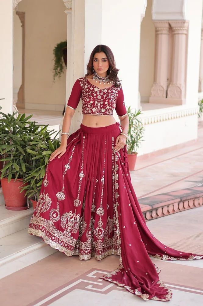 TRENDY CULTURE'S Vichitra Silk Lehenga Choli with Heavy Sequins & Thread Embroidered Work