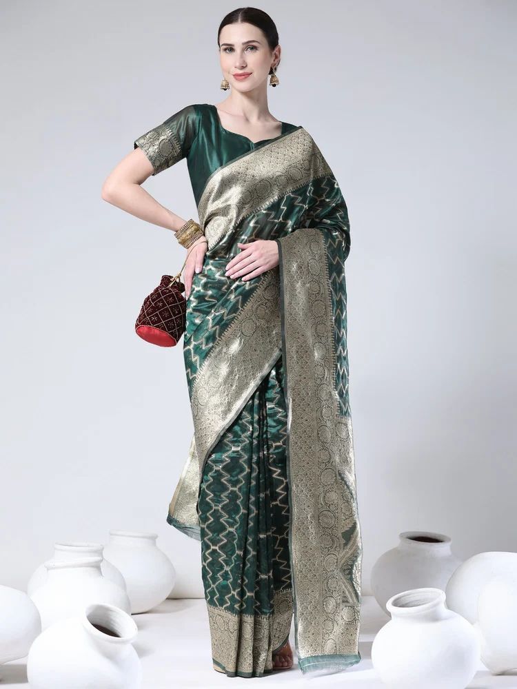 Ladies Organza Abstract Printed Dark Green Pure Silk Saree