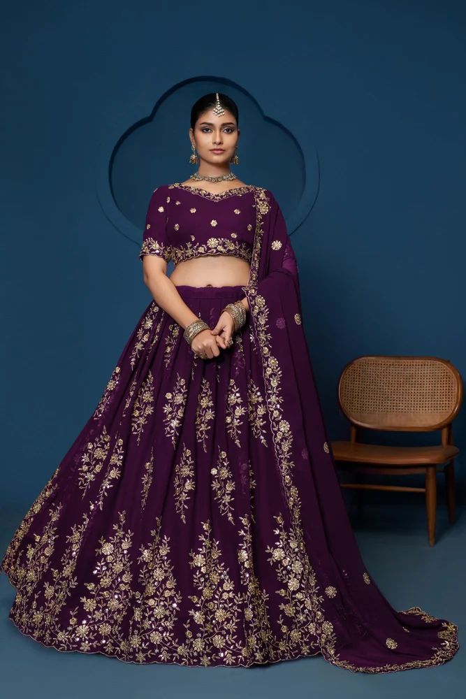 Embroidered Work Georgette Designer Purple Lehenga Choli For Wedding