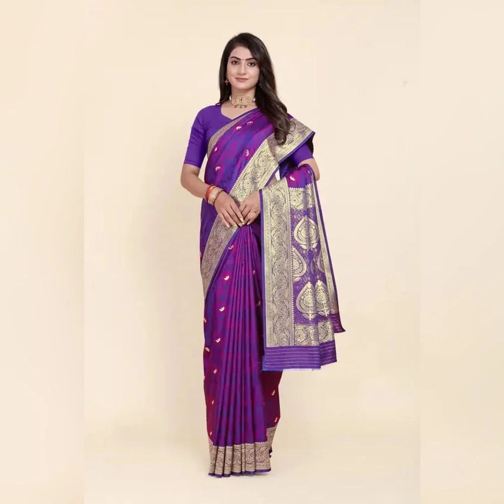 Ladies Silk Purple Printed Banarasi Saree
