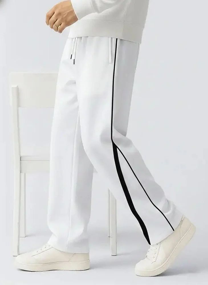 Men Striped Lycra Pure White Track Pants, Regular Fit