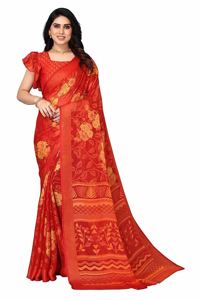 Two Toned Floral Printed Soft Chiffon Brasso Saree