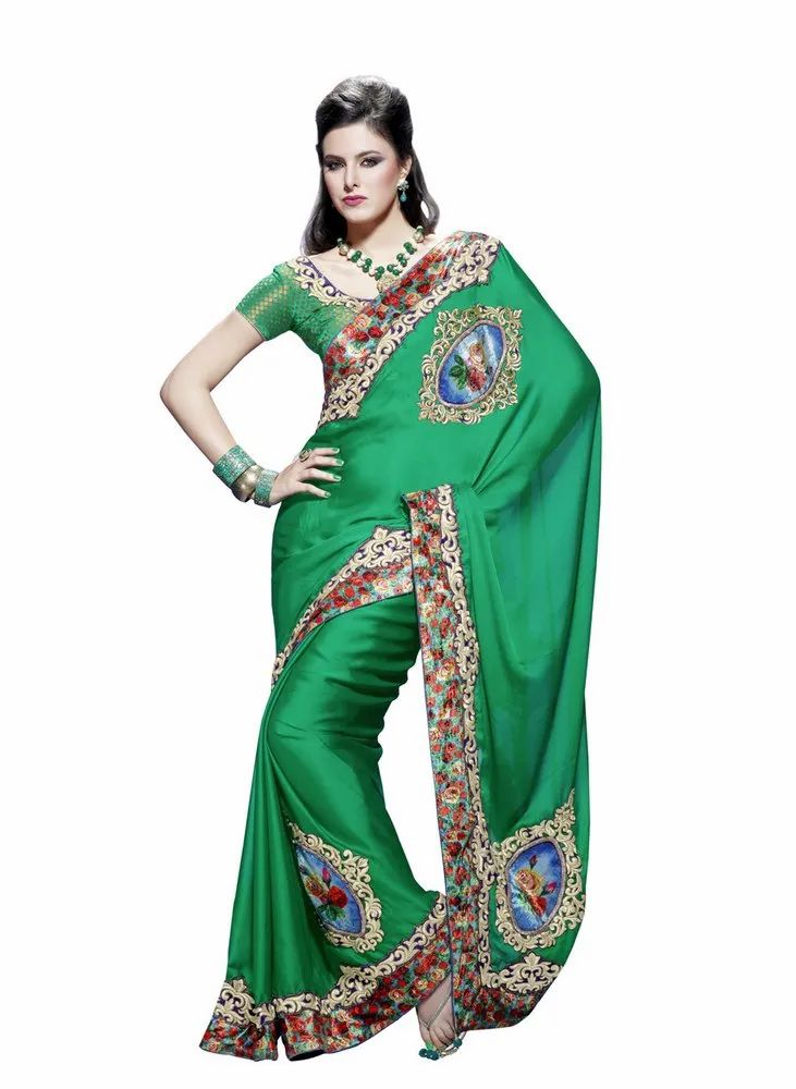 Green Faux Chiffon Saree with Blouse