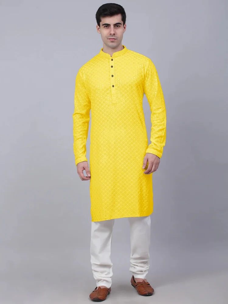 Men Embroidered, Embellished Cotton Rayon Straight Kurta