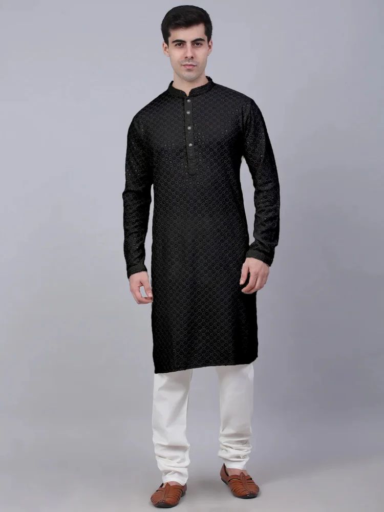 Men Embroidered, Embellished Cotton Rayon Straight Kurta