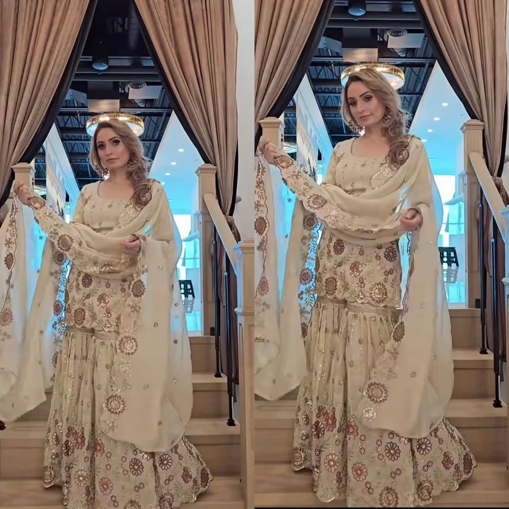 Designer Heavy Chinon Silk Embroidered Sharara Suit