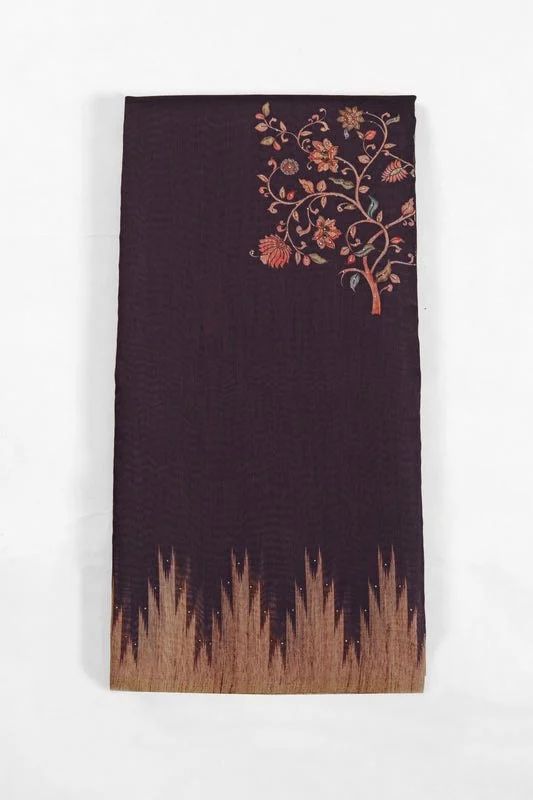 Brown Kalamkari Tree Print Handwork Chanderi Cotton Saree