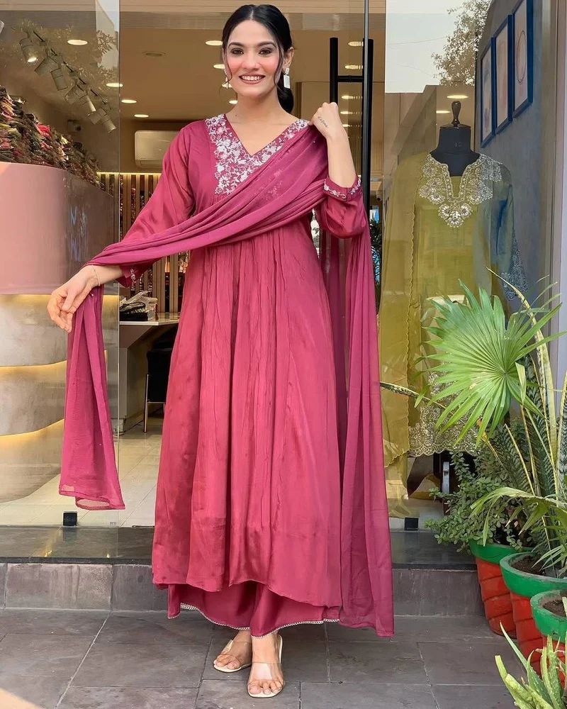 Traditional Chinon Anarkali Embroidered Kurti
