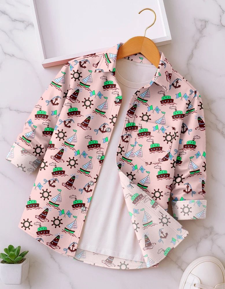 Pink Boys Rayon Nautical Elements Print Shirt
