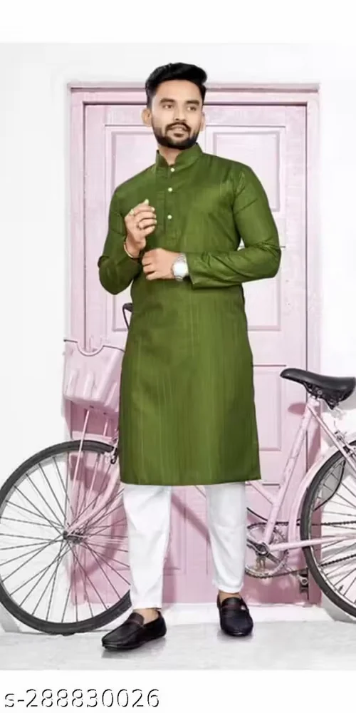 Men Green Cotton Blend Plain Kurta