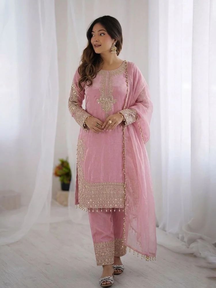 designer Embroidery Sequence Moti Lace Work kurti with pant and dupatta