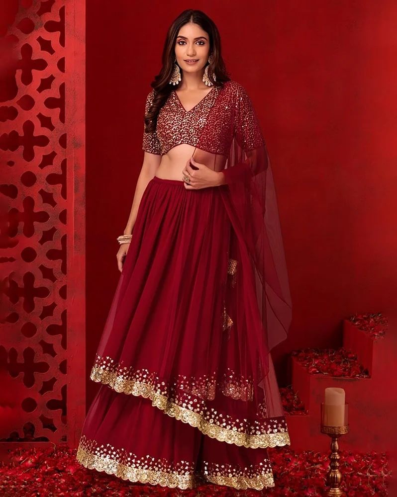 Maroon Georgette Sequence Embroidery Work Lehenga Choli Set