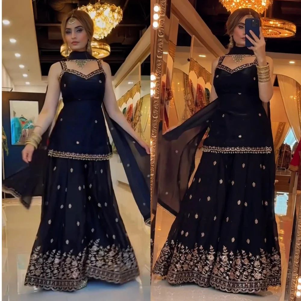 beautiful designer Sequence Embroidery Zari Work kurti with sharara and dupatta