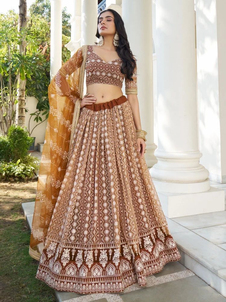 Direct Factory Price: Brown Party Wear Soft Net Sequence Work Lehenga - Trendy Culture