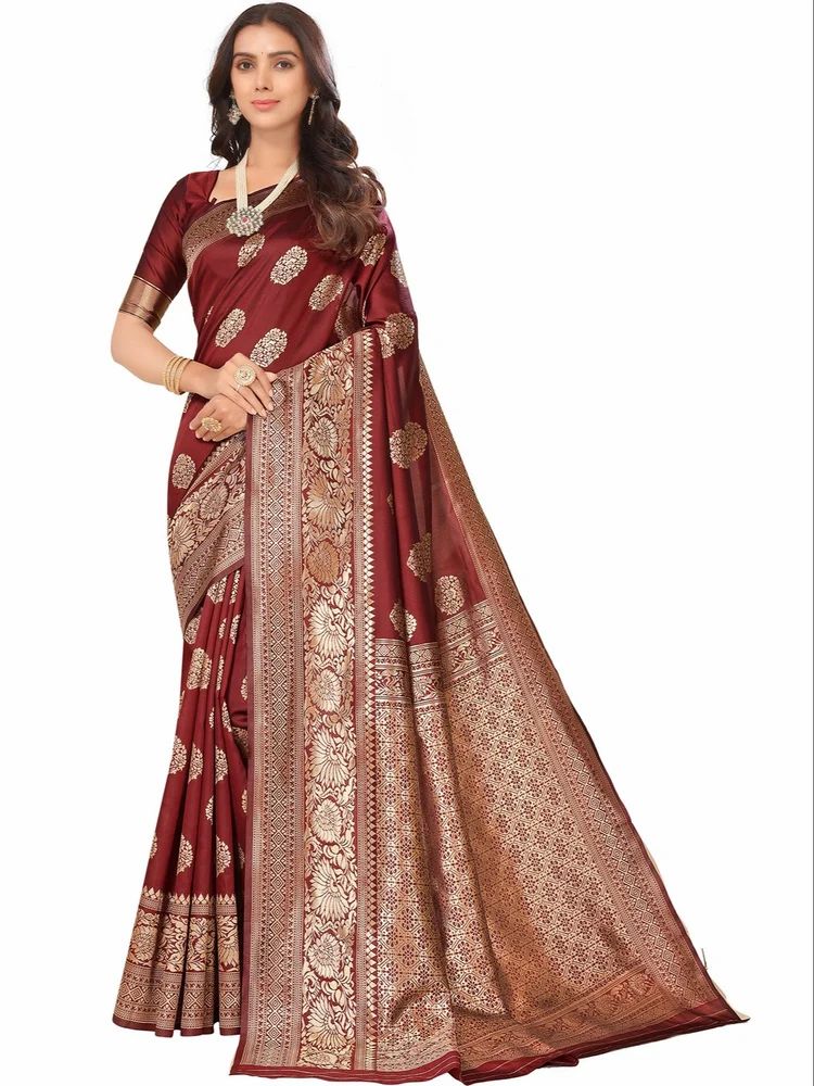 Silk Blend Jacquard Woven Golden Zari Butta Saree