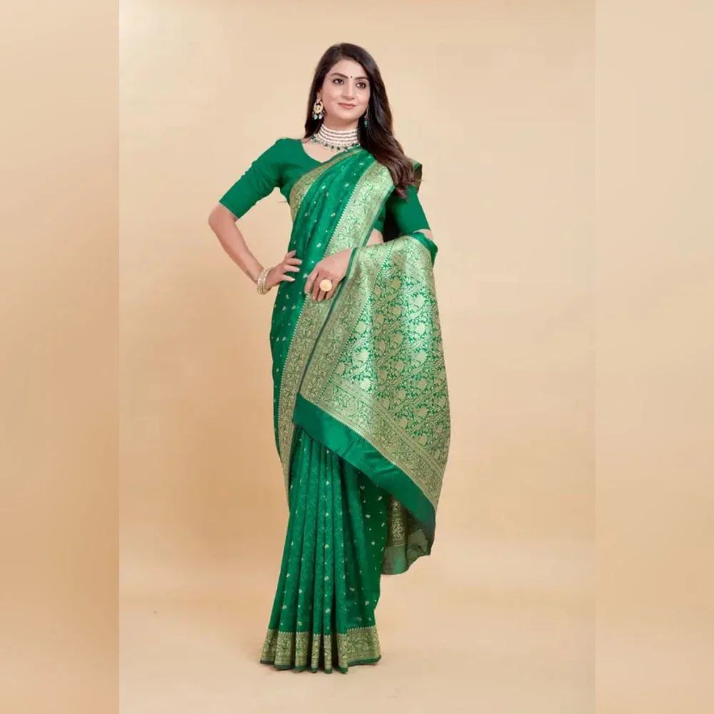 Ladies Silk Green Printed Banarasi Saree