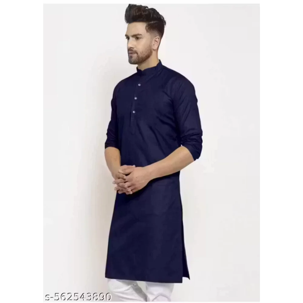 Men Blue Cotton Blend Plain Kurta